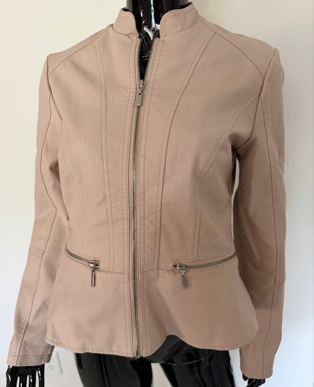Baccini Women’s Small Blush Pink Faux Leather Moto Jacket Zip Pockets